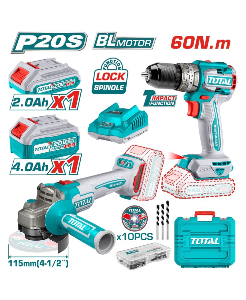 Set Avvitatore + Smerigliatrice Angolare 115 mm, 20V TOTAL art. TCKLI20273E