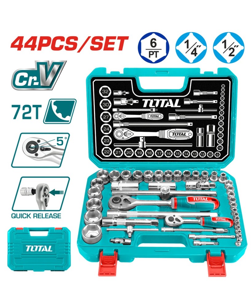 Set di chiavi a bussola 1/4” e 1/2” in valigetta, 44 pezzi TOTAL art. THT421441