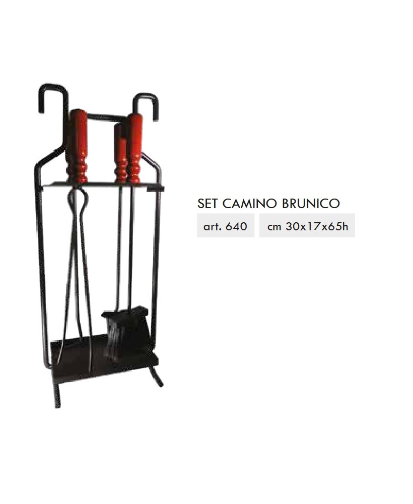 SET ATTREZZI PER CAMINETTO MODELLO BRUNICO art. 640 PEZZI 5 IN FERRO MANICI LEGNO