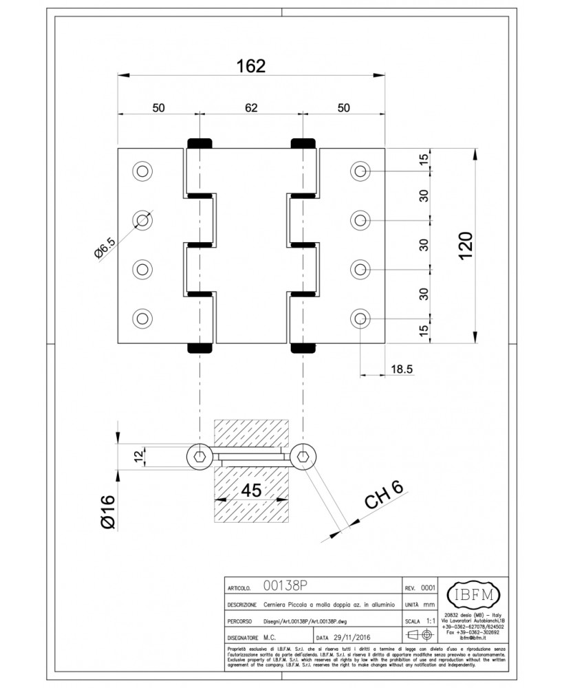 COPPIA CERNIERE A MOLLA AZIONE DOPPIA IN ALLUMINIO col. ARGENTO art. 138/PA IBFM