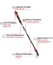 EINHELL Forbici da potatura a batteria c/manico telescopico GP-LS 18/28 Li T BL-Solo