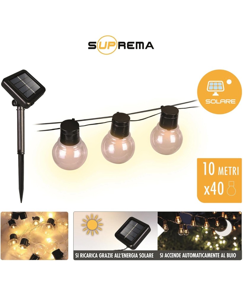Suprema catena Luminosa Esterno Solare 10m 40 Luci LED Sensore Crepuscolare Giochi di Luce USB-C IP45