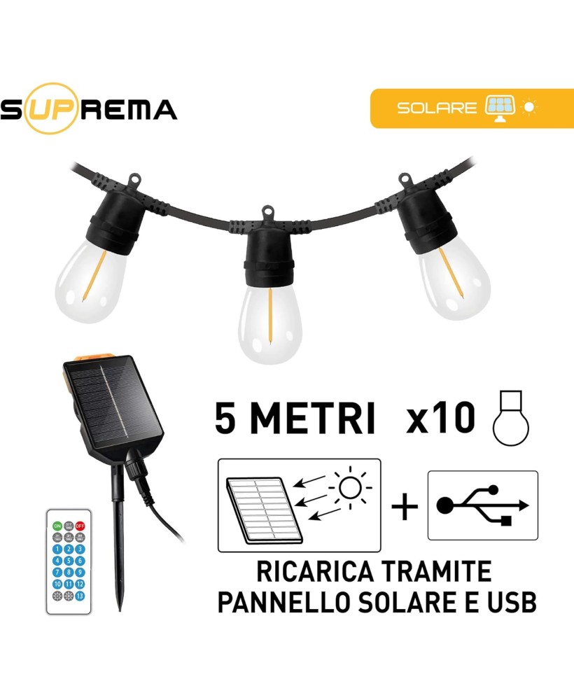 Suprema catena Luminosa Esterno Solare 5m 10 Luci LED Sensore Crepuscolare USB-C IP44