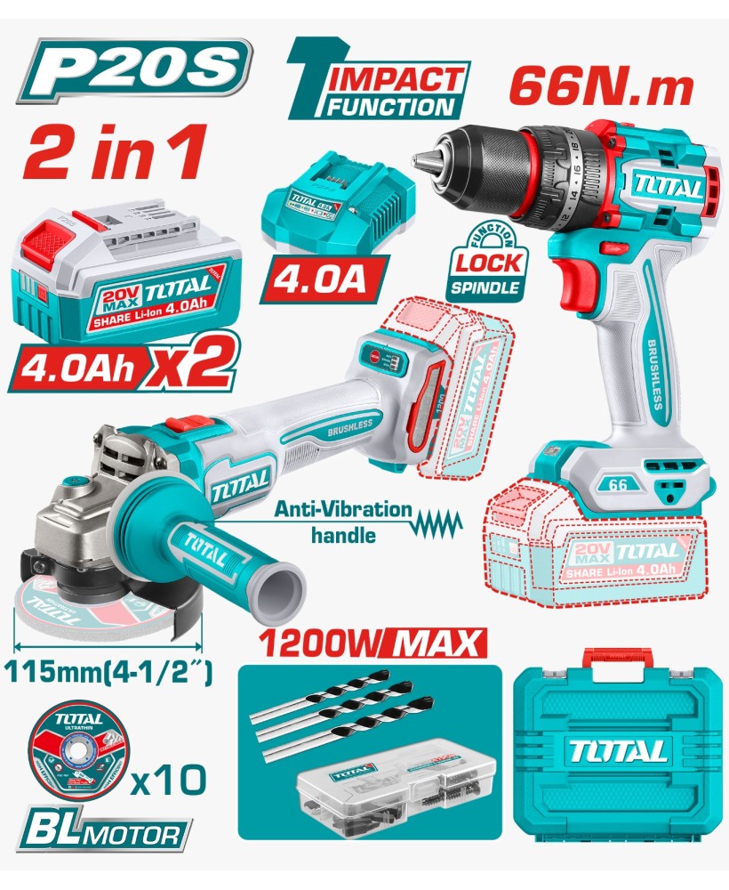 Set Avvitatore + Smerigliatrice Angolare 115 mm, 20V TOTAL art. TCKLI20256E